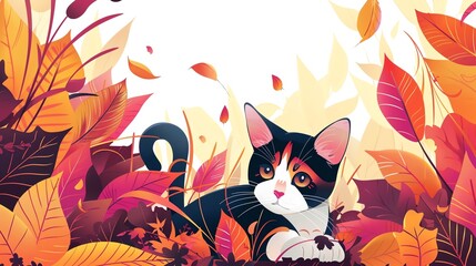 Cat playing in autumn leaves, vibrant colors, flat design illustration