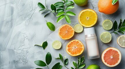 Cosmetic product bottle with citrus slices and foliage on gray backdrop