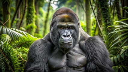 Obraz premium Majestic silverback gorilla in the jungle showcasing strength and resilience, gorilla, majestic, jungle