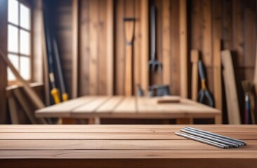 carpentry workshop. mockup for the presentation of carpentry and wood products. table against the backdrop of the workshop