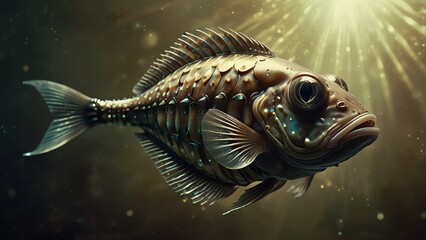 Obraz premium A whimsical kooky fishlike alien, its translucent fins shimmering with an otherworldly glow, floats serenely in an old vintage fine art bg