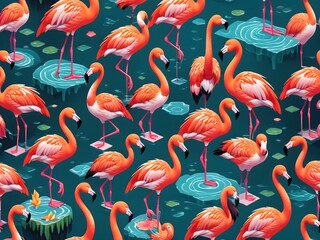 Obraz premium Generative AI. Beautiful tropical vector seamless pattern background with coconut palm trees, flamingo, hibiscus. Isolated on white background. The Summer beach surfing illustration.