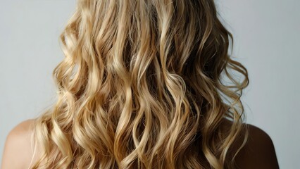 Fototapeta premium Back view of beautiful long shiny curly blonde hair of a woman on plain white bg