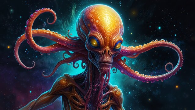 A whimsically levitating Zorgonian alien with telekinetic powers, its vibrant tentacles swirling through the air in a playful dance of bg