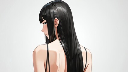 Fototapeta premium Back view of beautiful long shiny straight black hair of a woman on plain white background, bg