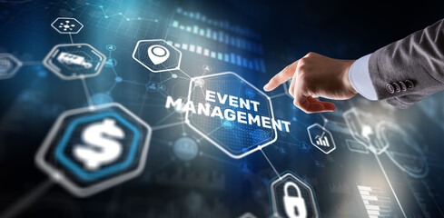Businessman pressing on virtual screen and selecting Event Management