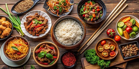 Traditional Chinese cuisine featuring a variety of rice, noodles, stir-fried meat, and colorful vegetables, Chinese food