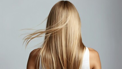 Fototapeta premium Back view of beautiful long shiny straight blonde hair of a woman on plain white background, hair products ads bg
