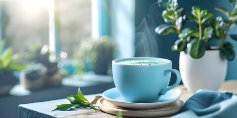 Savor a Tranquil Atmosphere with a Refreshing Blue Matcha Latte. Concept Blue Matcha, Refreshing Latte, Tranquil Atmosphere, Unique Drink, Relaxing Beverage