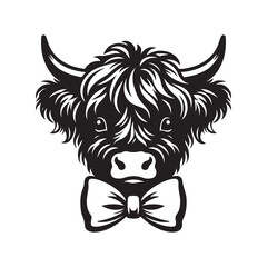 Highland cow illustration, cute cartoon highland cow black on a white background 