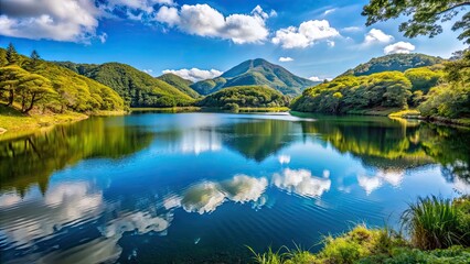 Obraz premium Serene lake nestled in the Aso Mountains of Fukuoka, Japan , tranquil, landscape, nature, mountains, reflection, serene, beauty