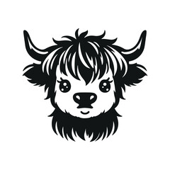 Highland cow illustration, cute cartoon highland cow black on a white background 