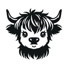 Highland cow illustration, cute cartoon highland cow black on a white background 