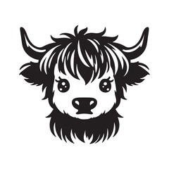 Highland cow illustration, cute cartoon highland cow black on a white background 