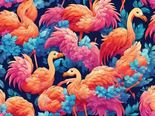 Fototapeta premium Generative AI. Beautiful tropical vector seamless pattern background with coconut palm trees, flamingo, hibiscus. Isolated on white background. The Summer beach surfing illustration.