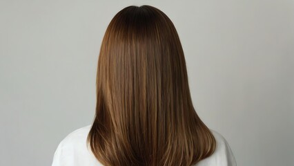 Naklejka premium Brown shinny long V haircut of a woman on plain white bg