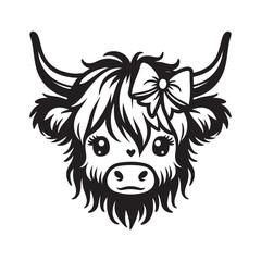 Highland cow illustration, cute cartoon highland cow black on a white background 