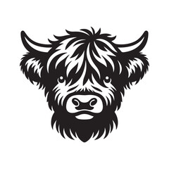 Highland cow illustration, cute cartoon highland cow black on a white background 