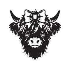 Highland cow illustration, cute cartoon highland cow black on a white background 