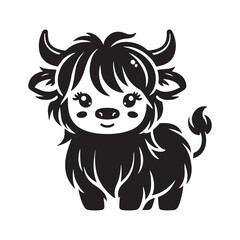 Highland cow illustration, cute cartoon highland cow black on a white background 