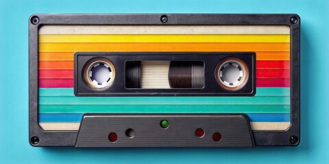 Obraz premium Retro audio cassette tape with colorful label, vintage, music, nostalgia, tape recorder, old school, analog, technology, 80s