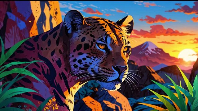 ヒョウのシルエットが映える夕焼けのデザイン キュートでユニークな映像