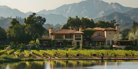 Fototapeta premium Serene Lakeside Vineyard Estate Surrounded by Lush Vines and Mountains Perfect for Wine Enthusiasts. Concept Vineyard Tours, Wine Tasting, Rustic Charm, Scenic Views, Wine Lover's Paradise