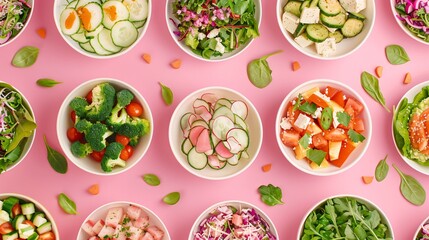 Frame of delicious salads Plates with assorted salads