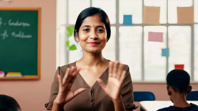 Portrait of female Indian teacher with smiling in the class at school,confident teacher