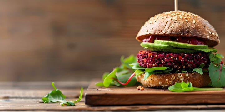 Delicious Vegan Burger Recipe with Beet Quinoa Patty, Avocado Cashew Cream, and Multigrain Bun. Concept Vegan Recipes, Plant-based Cooking, Healthy Eating, Burger Ideas, Meatless Options