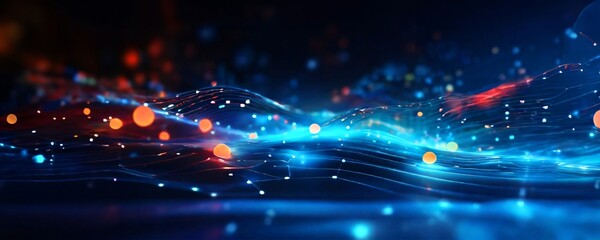 Obraz premium Graphic design background of tech scene or neon light blue beige tone. AI generated, highlighting the process of integrating technology into traditional business models, Digital transformat