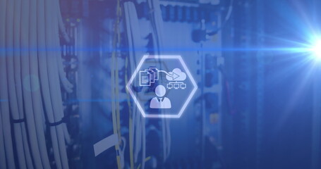 Image of technology icons over computer wires