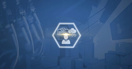 Image of business icons over cityscape