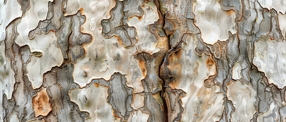 Wall mural panoramic close-up, high detail scan of patterned sycamore tree bark texture, generative ai