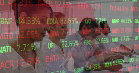 Stock market data processing over group of diverse businesspeople clapping in meeting room at office