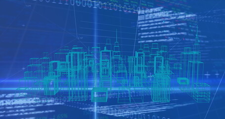 Image of digital city over data processing on blue background