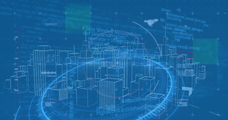 Image of digital city over scope scanning and data processing on blue background