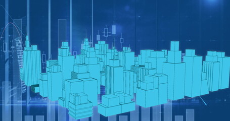 Image of digital city over data processing on blue background