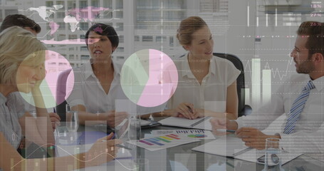 Statistical data processing against group of diverse businesspeople discussing in meeting room