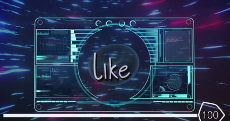 Like text and digital interface with data processing over light trails against blue background