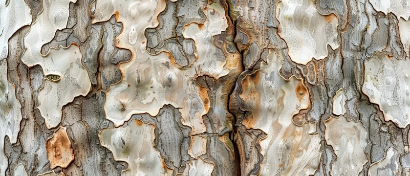 Panoramic close-up, high detail scan of patterned sycamore tree bark texture, Generative AI