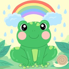 Rainy day illustration with happy frog and rainbow