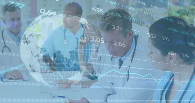 Stock market data processing over group of diverse doctors and health workers discussing at hospital