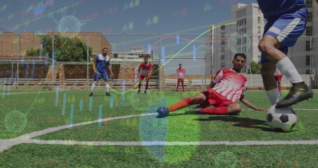 Image of interface processing data over diverse male footballers playing game on pitch