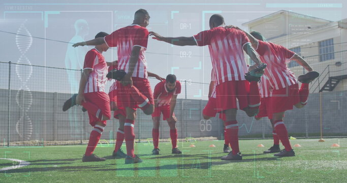 Image of interface processing data over diverse group of male footballers stretching on pitch