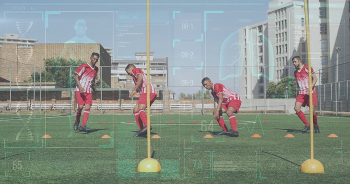 Image of interface processing data over diverse group of male football players training in field