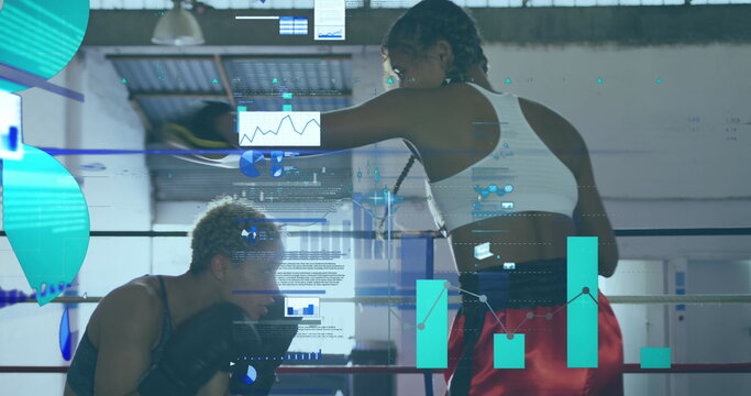 Image of data processing over diverse people boxing at gym