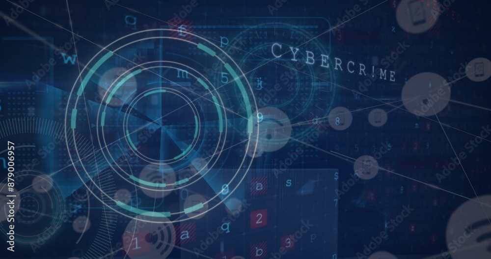 Poster image of icons connecting with lines, digital circles with changing text