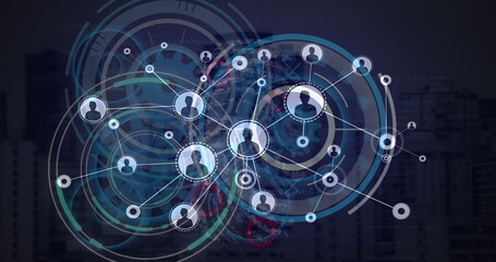 Image of circles with gears and profile icons interconnecting with lines over buildings