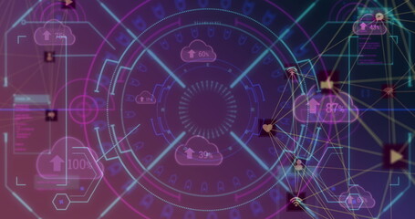 Image of digital profile icons connecting with lines and clouds with numbers and arrows